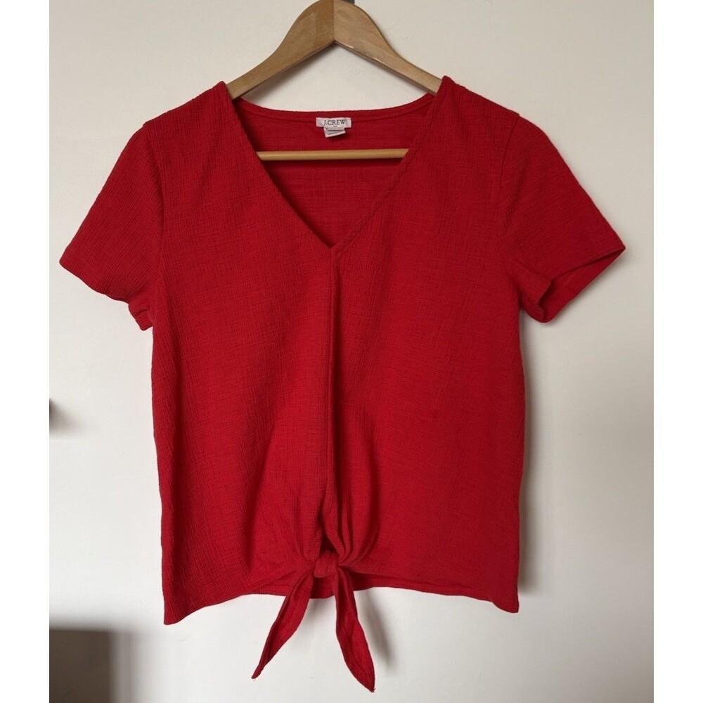J Crew Red Textured V Neck Tie Front Short Sleeve Shirt Size Small